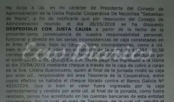 La Usina le envió la CD a Medina notificándole su despido