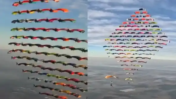 Récord y asombro en el cielo: 104 paracaidistas formaron la figura más grande de la historia