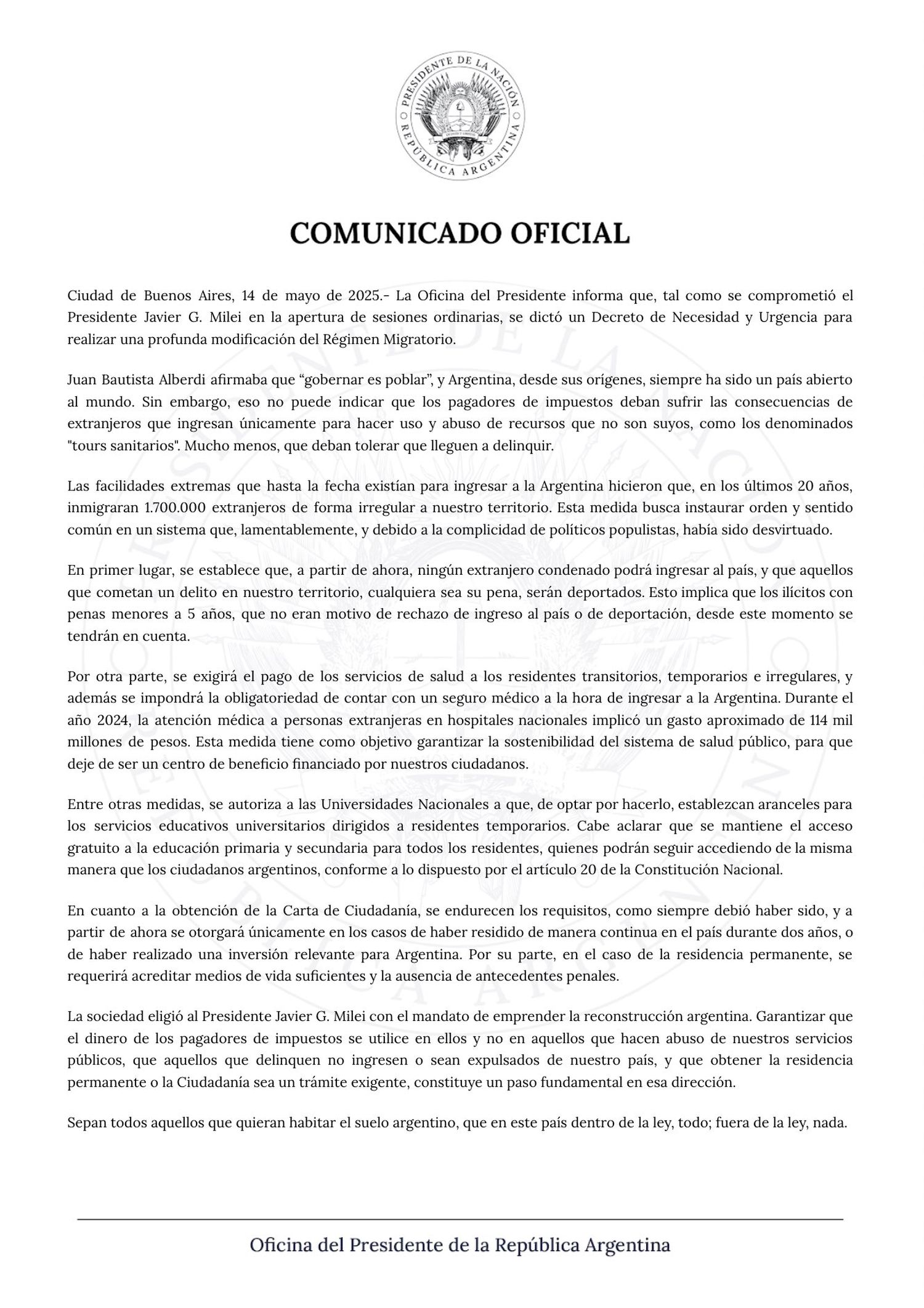 oficina del presiddentes comuinicado