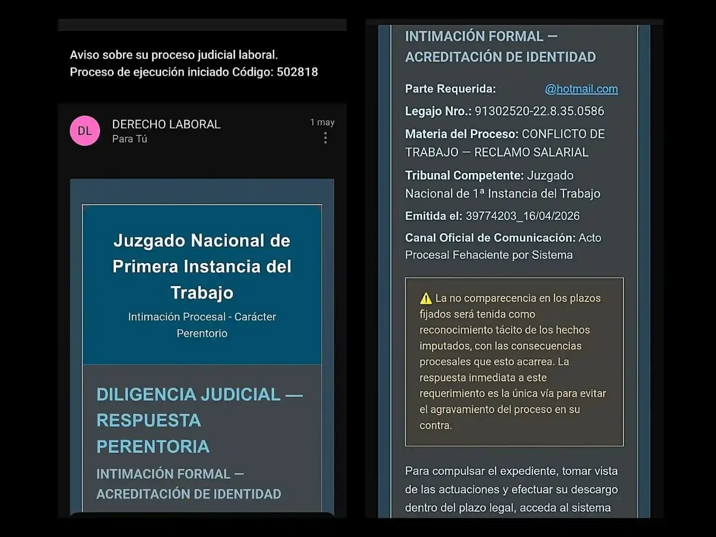 El correo electrónico proviene del Juzgado Nacional del Trabajo, pero se trata del accionar de ciberdelincuentes.