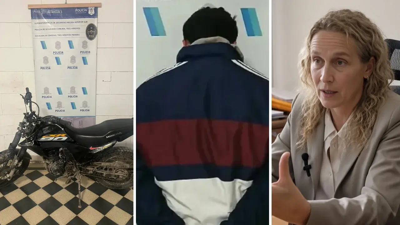 La moto que se intentó robar a punta de pistola, el detenido de 20 años de edad que efectuó el disparo, y la fiscal de Menores, Marina Vizzolini