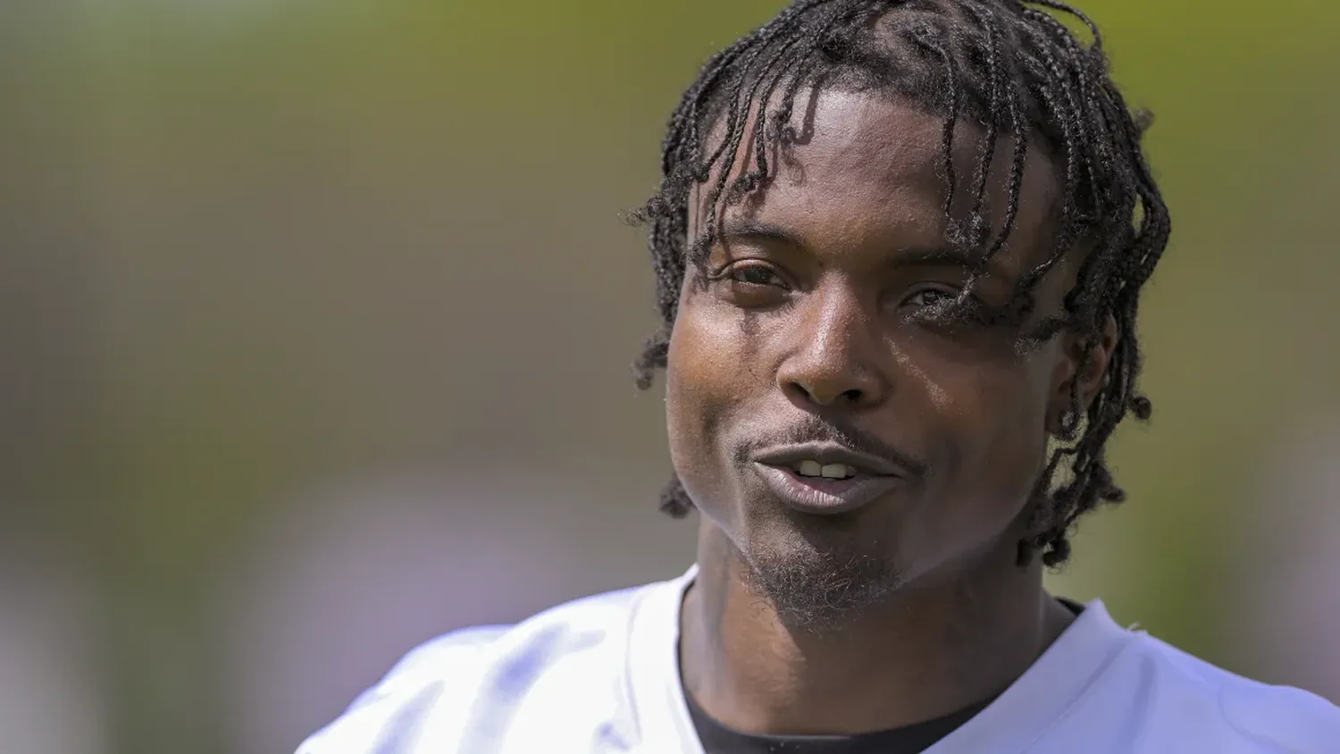 Minnesota Vikings cornerback Khyree Jackson chats with reporters during Minnesota Vikings Rookie Camp on May 10, 2024, in Eagan, Minnesota.