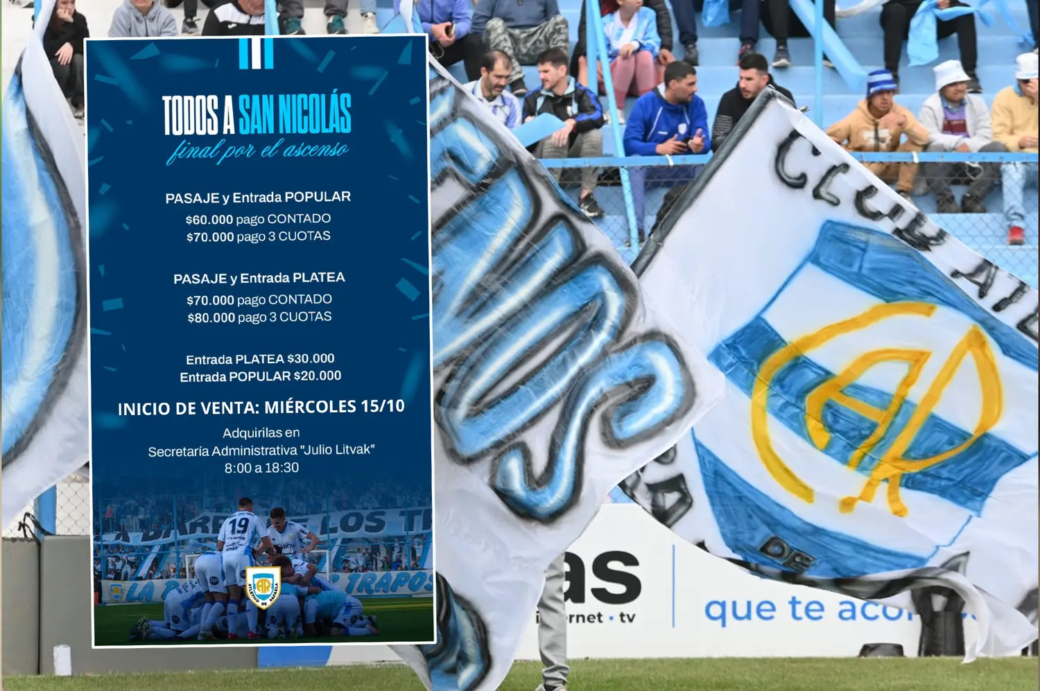 "Todos a San Nicolás". a las 8:30 comienza la venta de entradas para los hinchas cremosos.Foto:Radio Rafaela