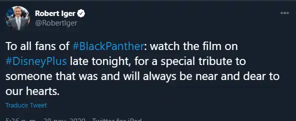 El presidente de Disney sobre el tributo a Chadwick Boseman. Foto: Twitter