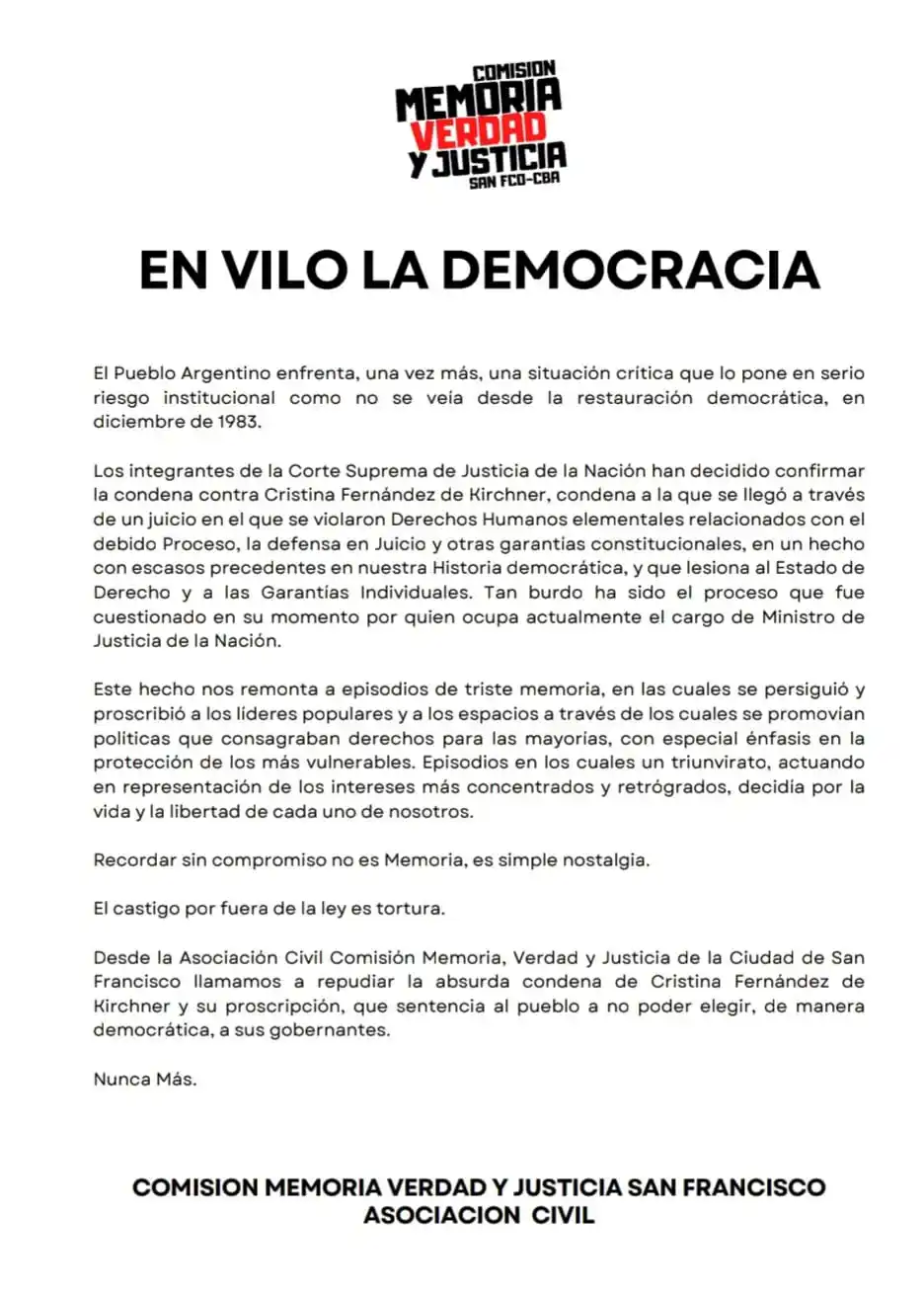Comunicado Comisión Memoria, Verdad y Justicia de San Francisco