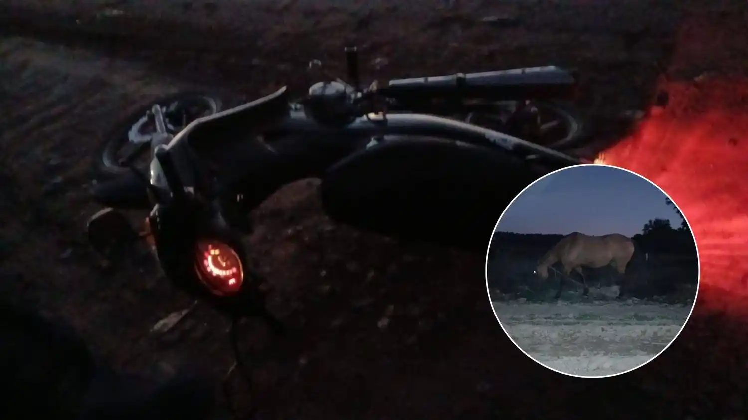 La moto sobre el entoscado. En el circulo del caballo, atado pero del otro lado de la zanja. La mujer chocó con la soga.
