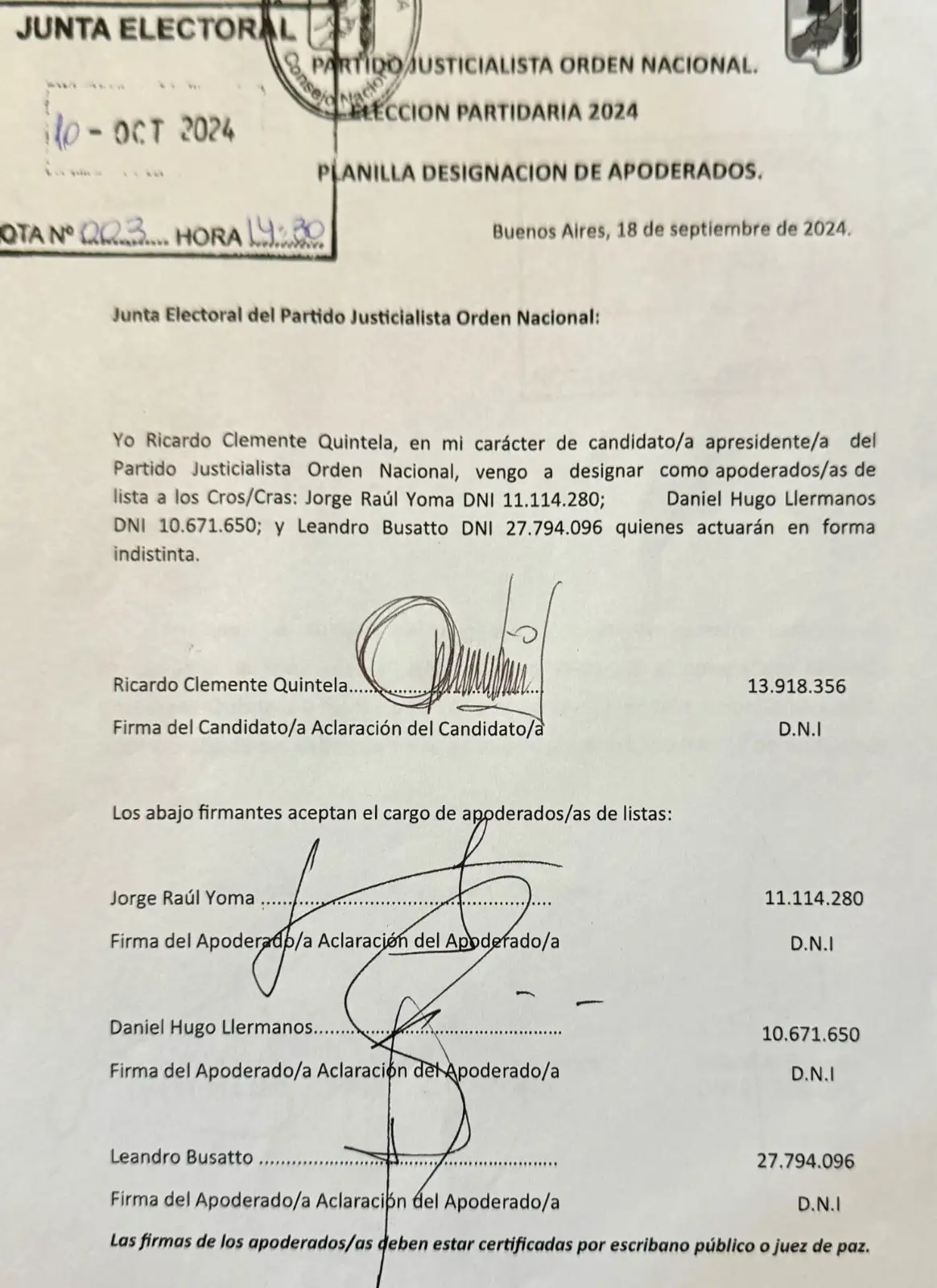Quintela es el primero en presentar lista en la Junta Electoral del PJ Nacional.
