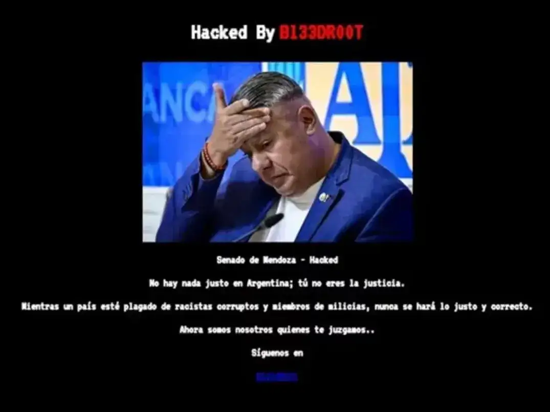 El mensaje que los hackers incrustaron en la web del Senado mendocino.
