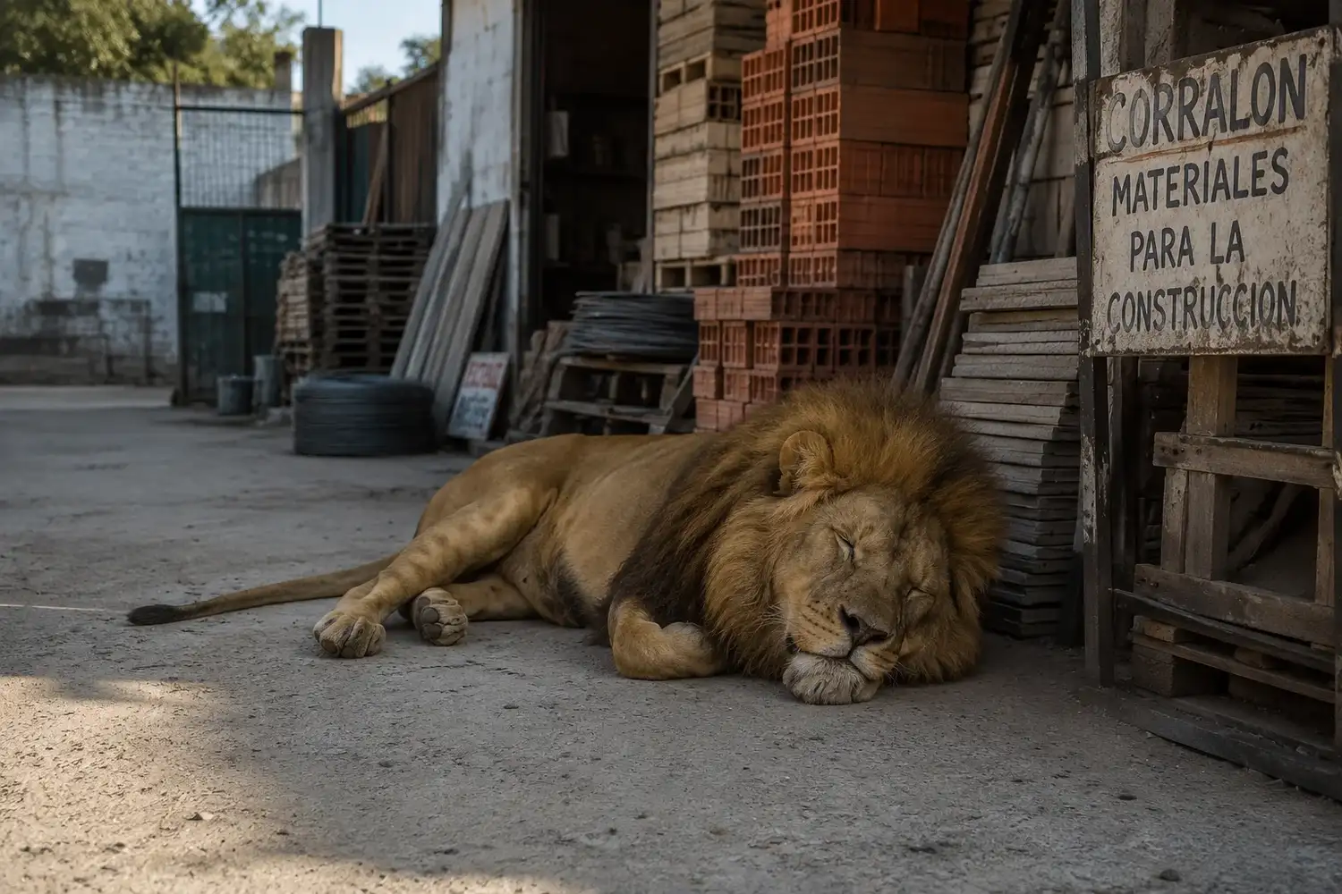 Uno de los leones que se había escapado del circo, decidió echarse una siesta en un negocio local (Imagen generado con IA).