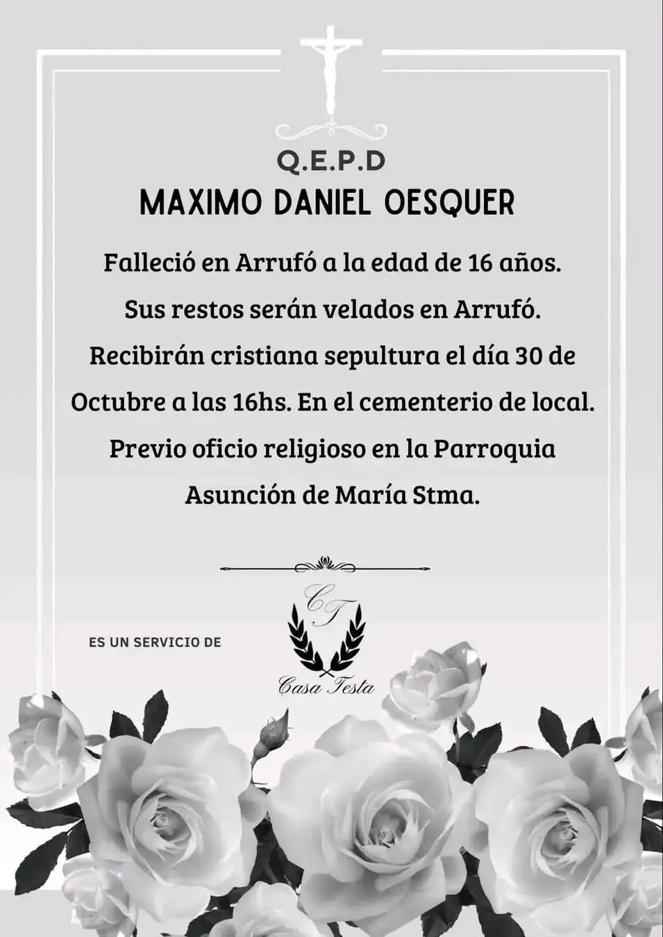 aviso fúnebre difundido por Casa Testa  sobre maximo oesquer