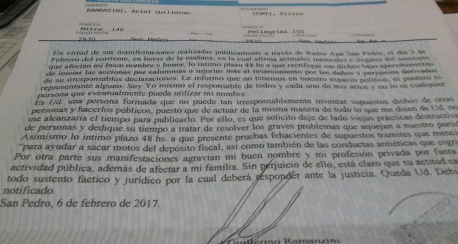 Ariel Ramanzini le envió una carta documento a Silvio Corti