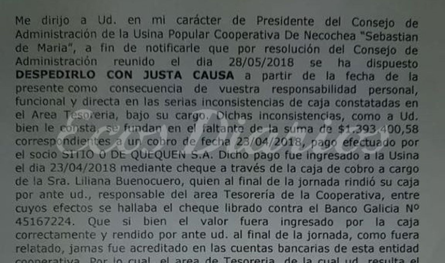 La Usina le envió la CD a Medina notificándole su despido