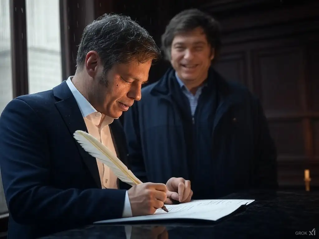 Axel Kicillof firmando su renuncia. Javier Milei feliz ante su solicitud. Ph: Grok