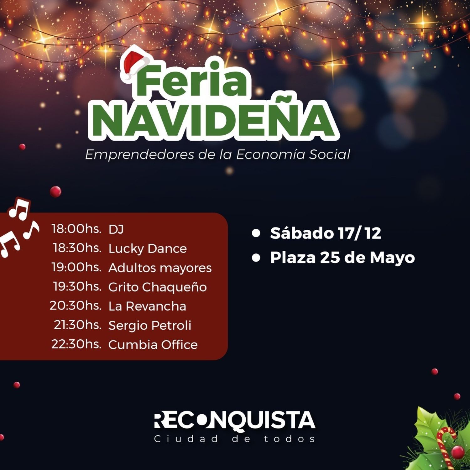 Feria navideña este sábado en la plaza 25 de Mayo de Reconquista