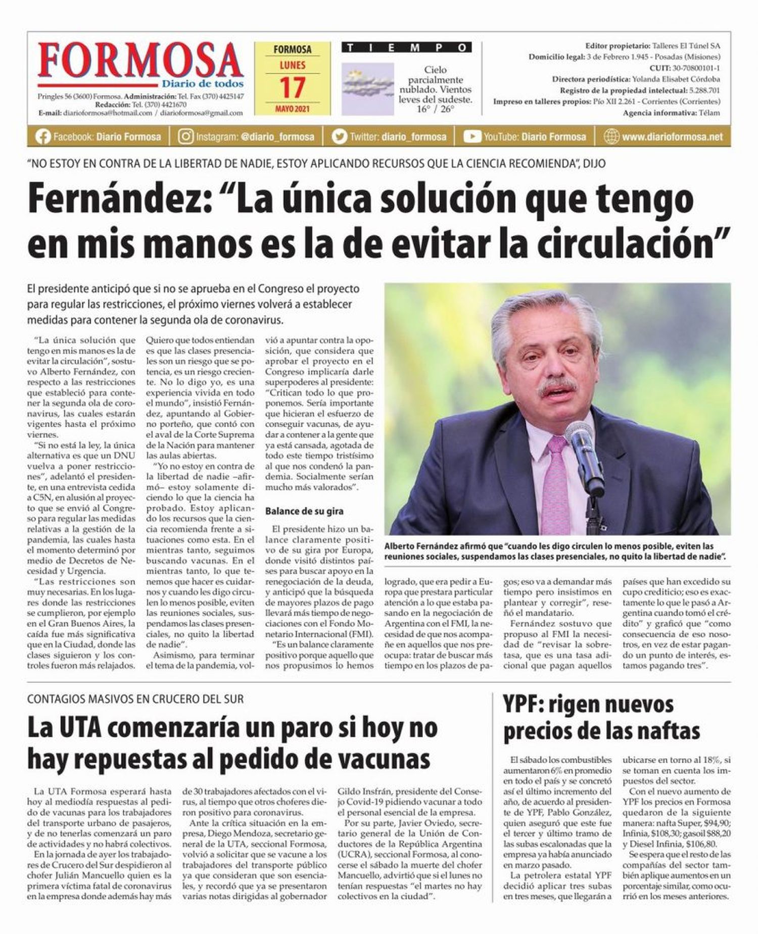 Tapa y Contratapa 17 de mayo de 2021