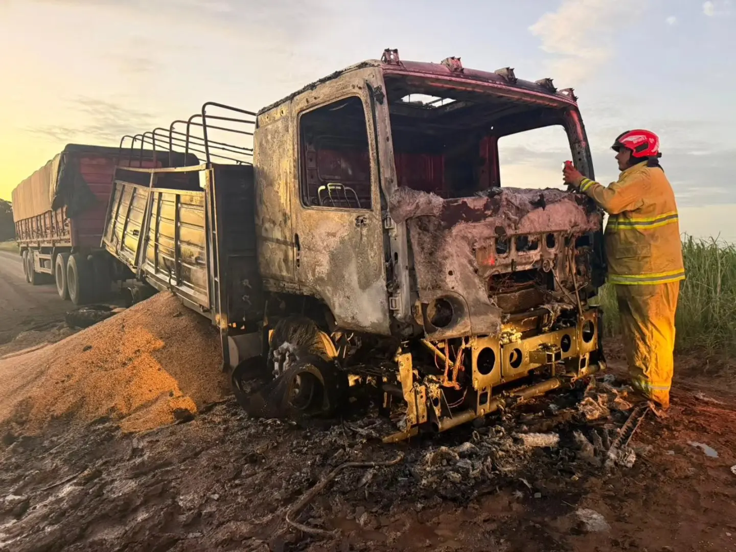 Un camión cargado con trigo se incendió por un desperfecto mecánico en zona rural de Colonia Rosa