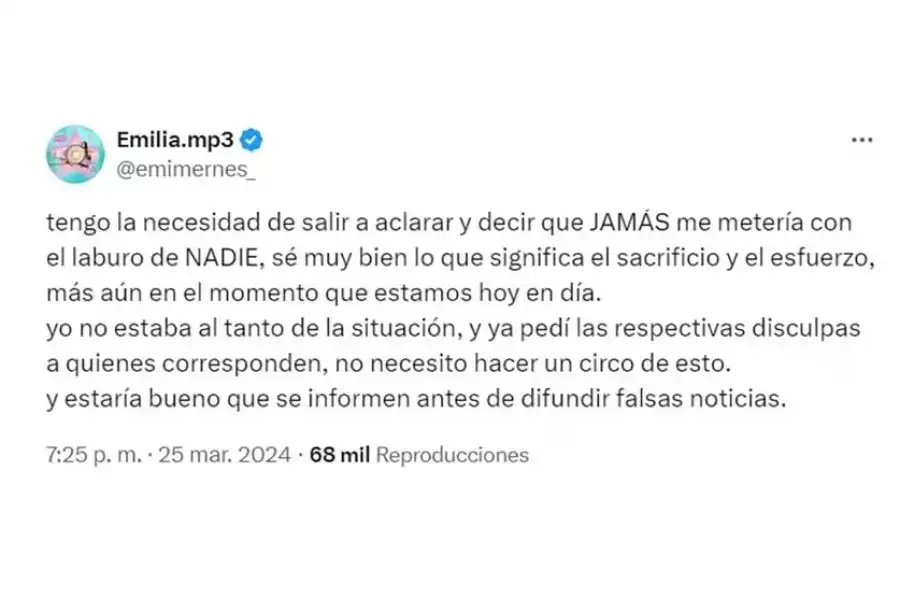 El descargo de Emilia Mernes en las redes sociales