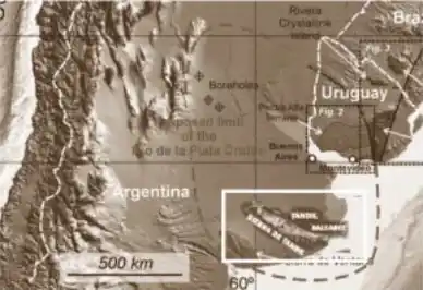 La señal más antigua. En la imagen, las zonas donde afloran partes del cratón del Río de la Plata, uno de los más antiguos del planeta. Enel recuadro, el sistema de Tandilia.