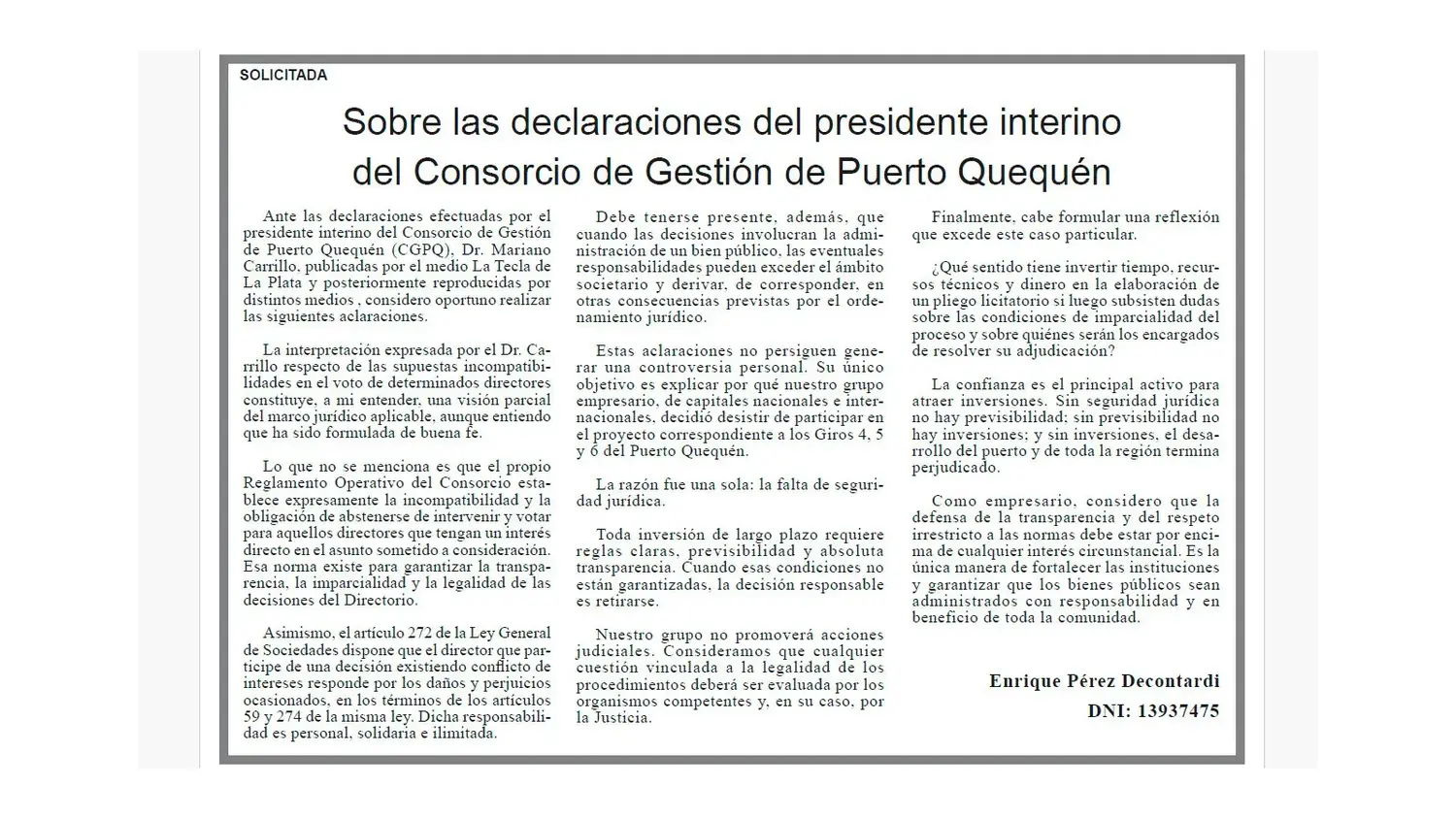 Sobre las declaraciones del presidente interino del Consorcio de Gestión de Puerto Quequén