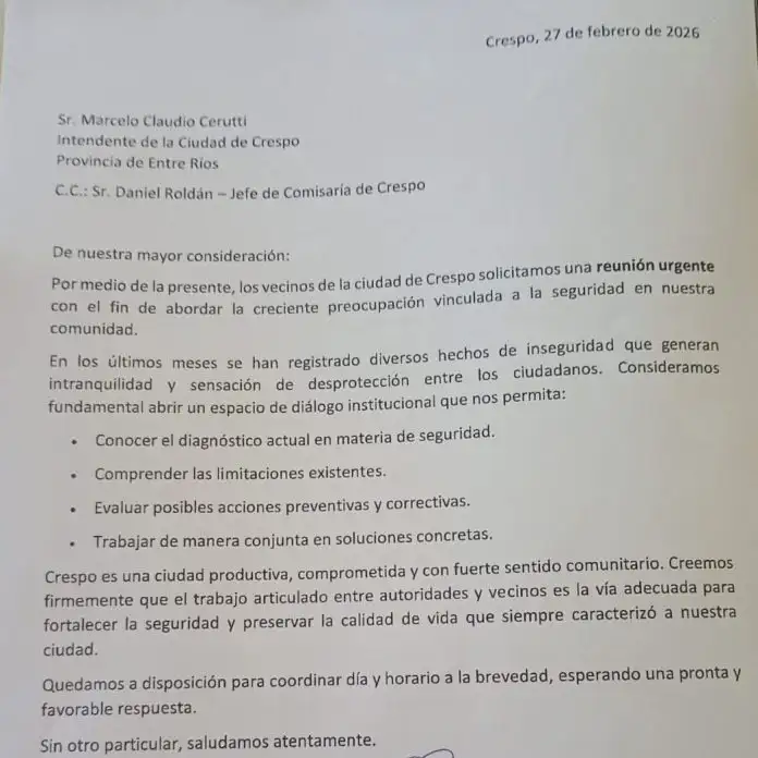 Un grupo de comerciantes autoconvocados solicitan al municipio y comisaría una reunión urgente por la seguridad en Crespo
