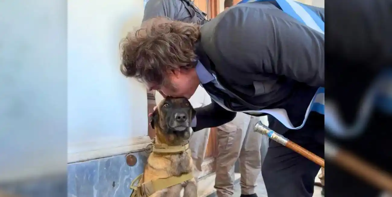 El presidente Javier Milei saludando afectuosamente a un can de la División Explosivos de la P.F.A. luego del acto por el Día de la Bandera en Rosario, Santa Fe, el pasado 20 de junio.