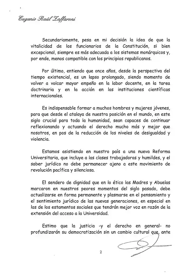Zaffaroni formalizó su renuncia a la Corte Suprema