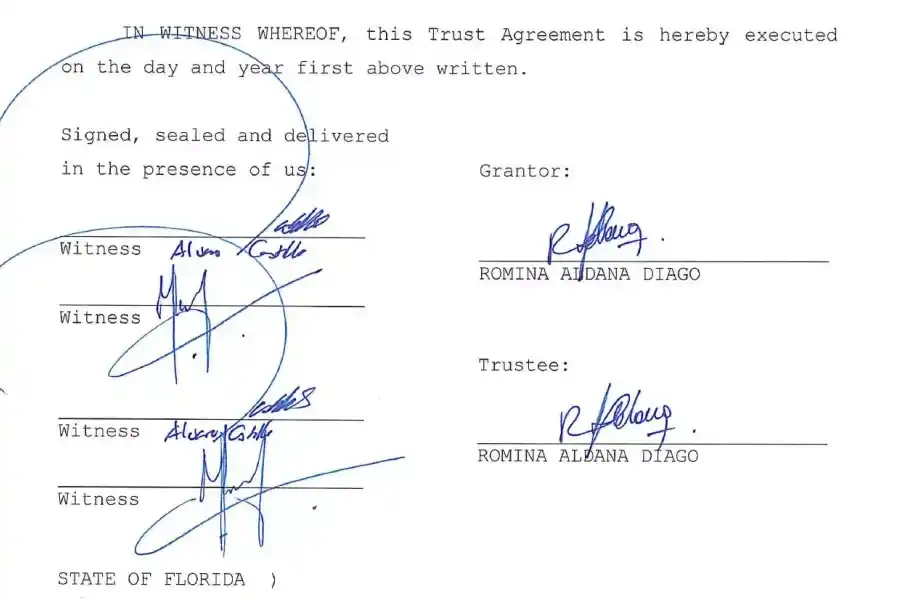 Romina Diago aparece firmando documentos del fideicomiso Warwick Trust en 2014. ICIJ/elDiarioAREnrevesado