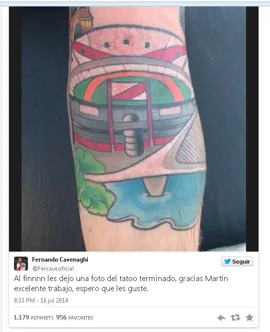 Cavenaghi terminó su tatuaje del Monumental que lleva en el brazo