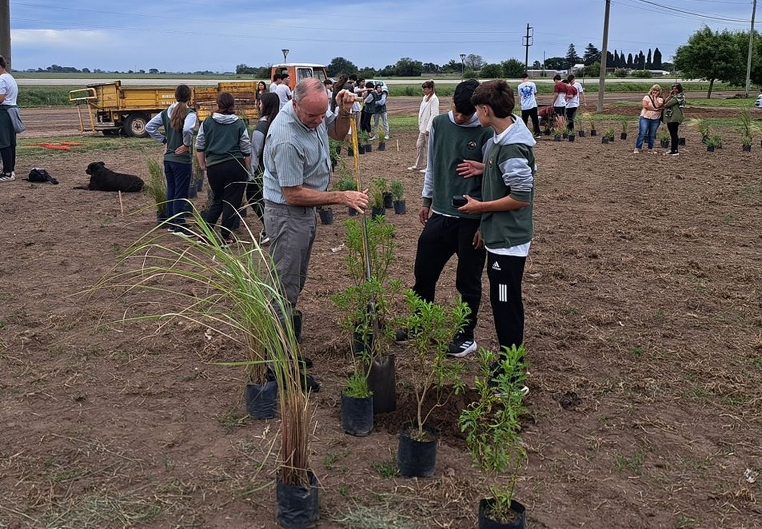 El intendente Gizzi y alumnos de escuelas secundarias participaron de una jornada de plantación en el nuevo espacio de calle 56. Foto: Municipalidad de Villa Cañás.