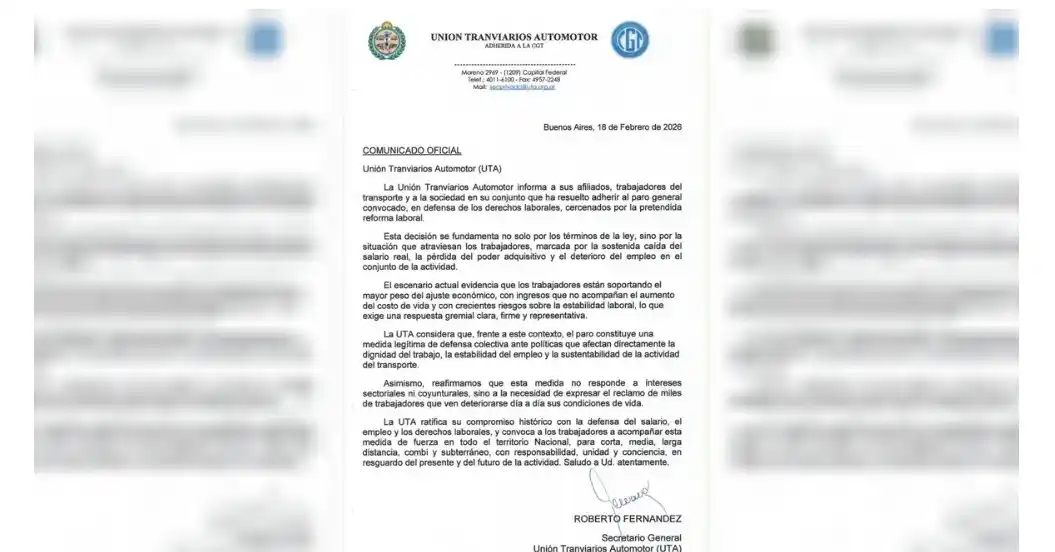 La UTA adhiere al paro general convocado por la CGT