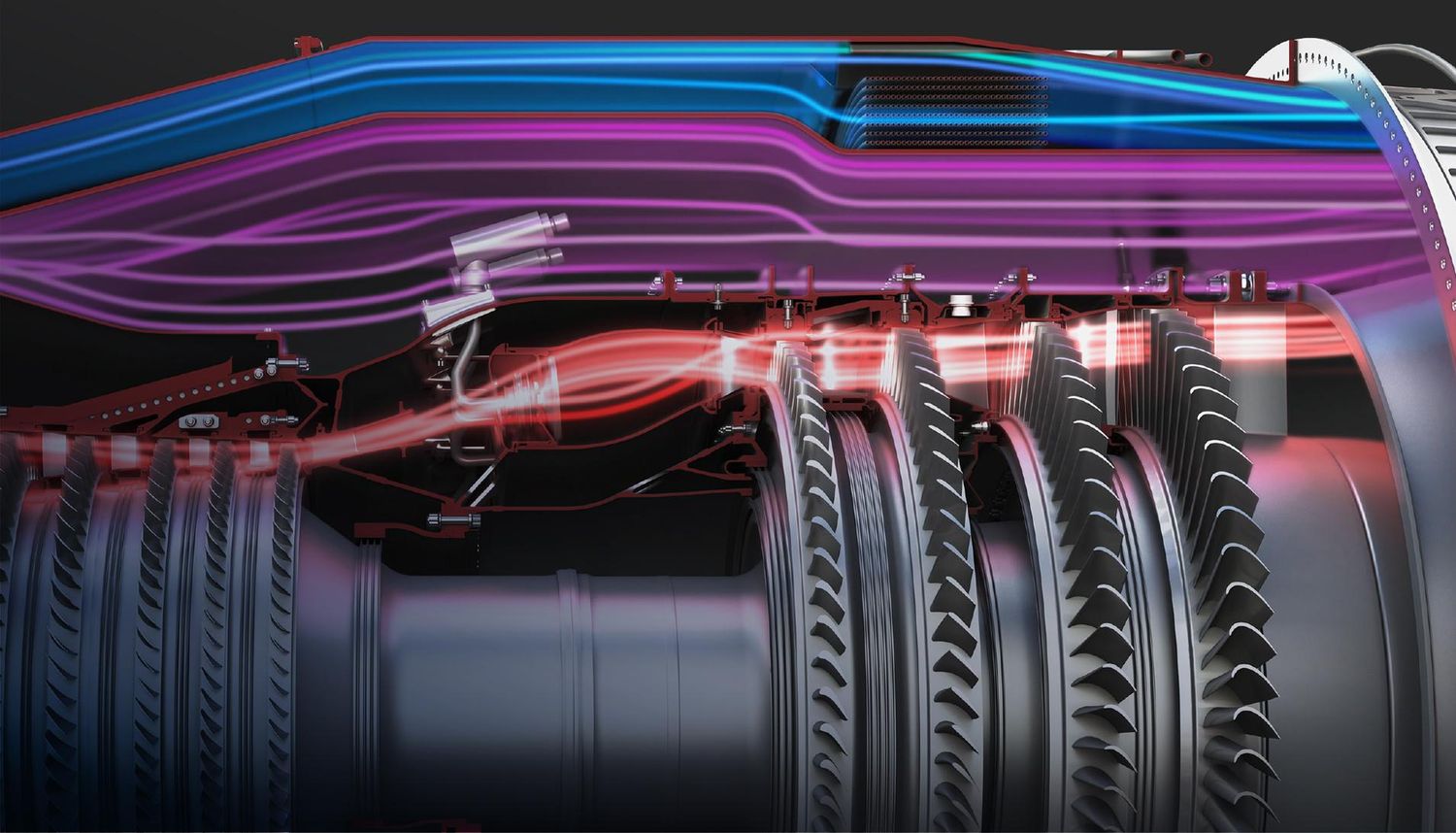 En azul se marca el tercer flujo de aire frio para mejorar la disipación del calor en el diseño de motor de ciclo adaptativo XA102 de GE Aerospace.