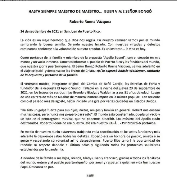 El comunicado de la familia de Roberto Roena en instagram