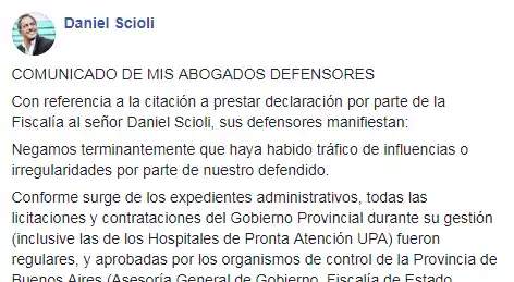 Comunicado de los abogados de Scioli donde salen a defenderlo tras ser procesado por corrupción