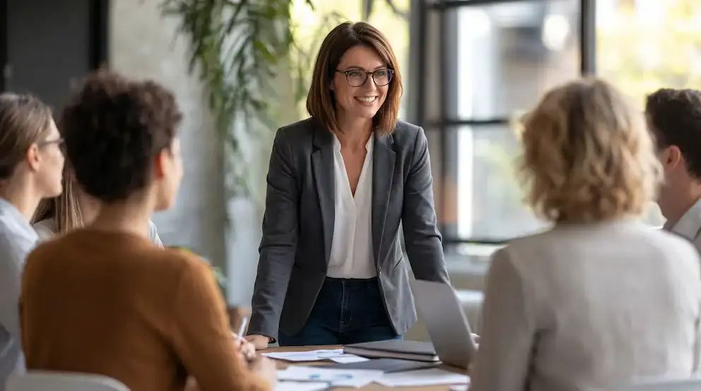 Una reunión de trabajo muestra a una profesional al frente de su equipo, fomentando la cooperación y la comunicación entre los asistentes