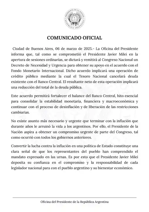 Javier Milei firmará el acuerdo con el FMI por DNU