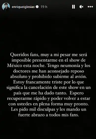 El comunicado de Enrique Iglesias sobre su salud. Foto Instagram