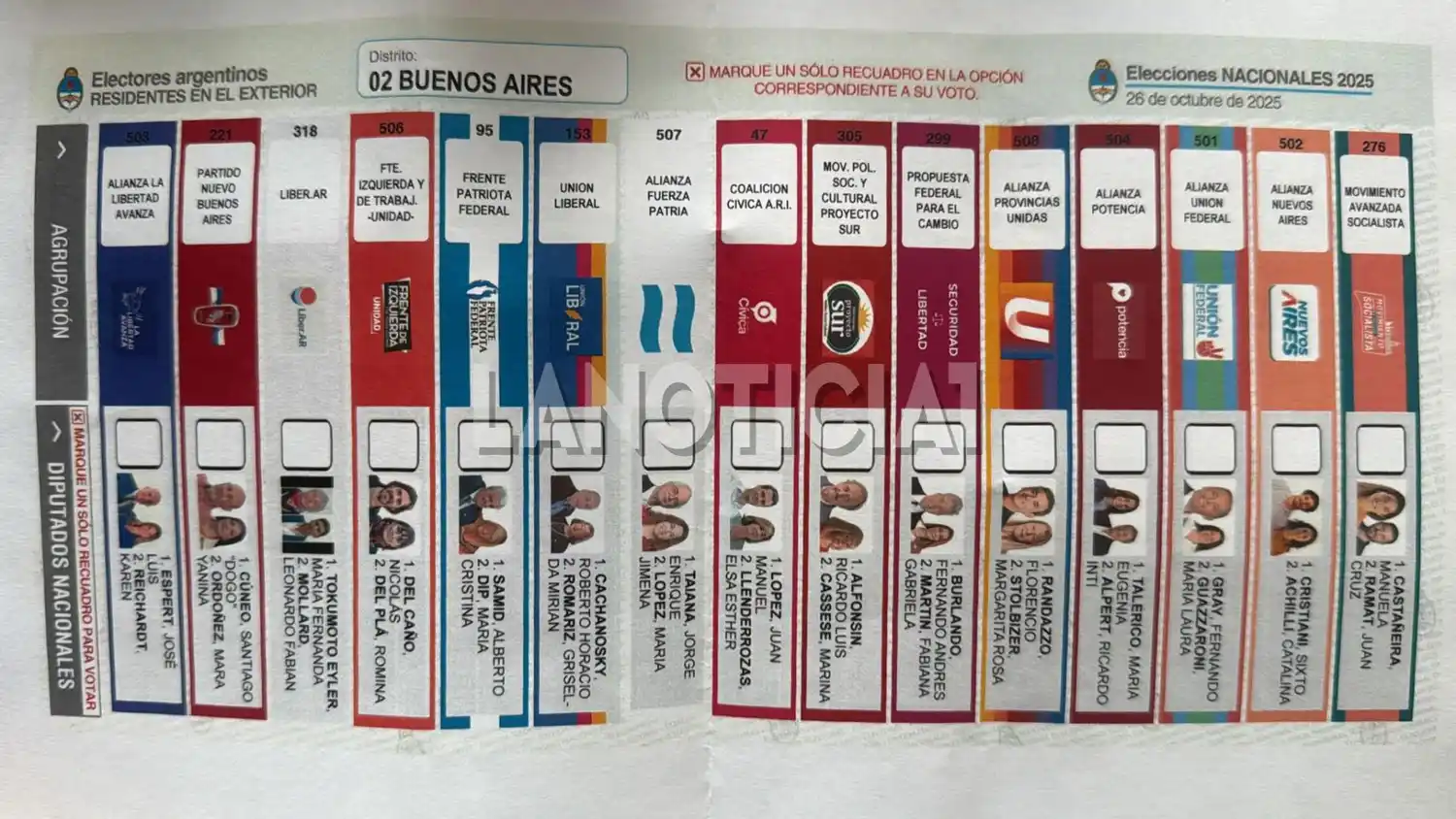 Así lucen las boletas que llegan a España para el voto en el exterior: en el apartado de LLA figura la cara de Espert