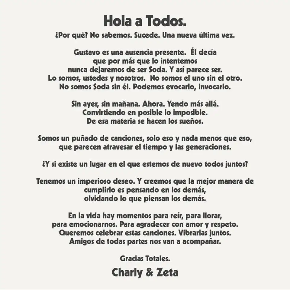 Vuelve Soda Stereo: la emotiva carta de Zeta Bosio y Charly Alberti