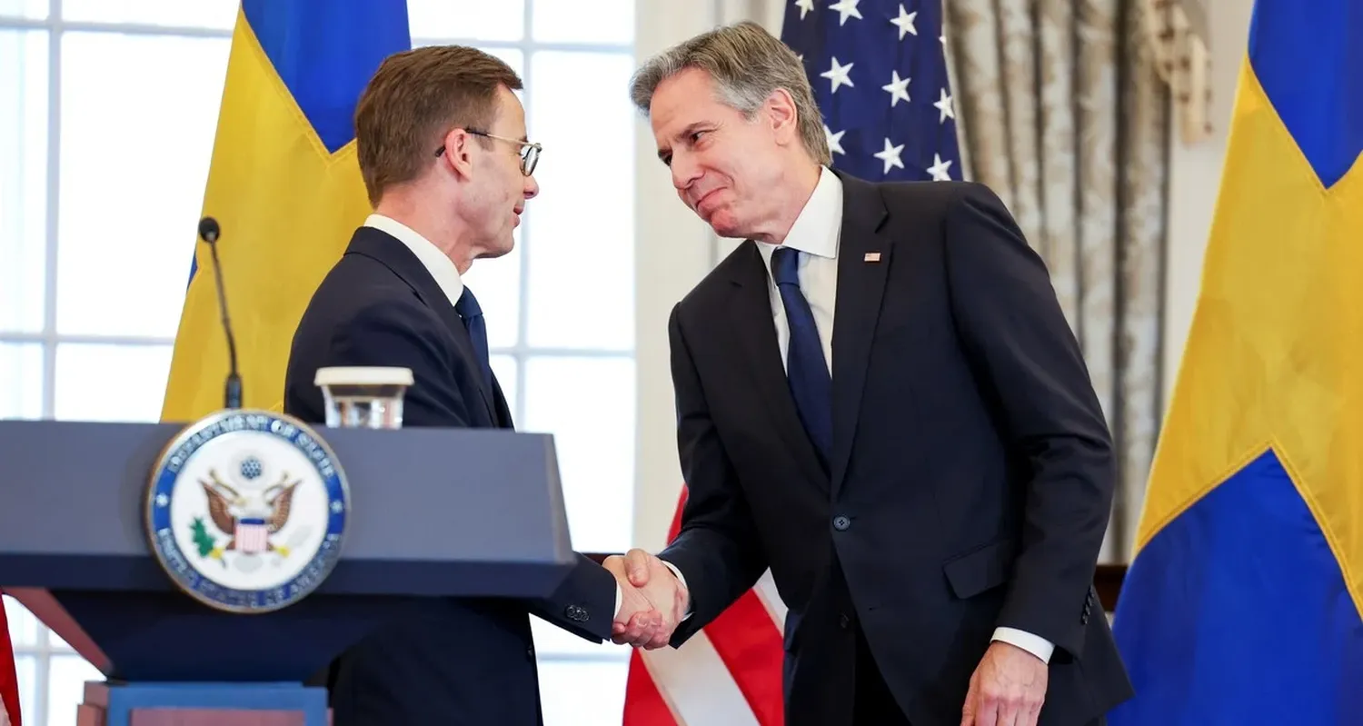 El primer ministro sueco, Ulf Kristersson ,y el Secretario de Estado de EEUU, Antony Blinken durante declaraciones de prensa conjuntas sobre la entrada de Suecia en la OTAN en el Departamento de Estado en Washington, este jueves. Foto: Reuters