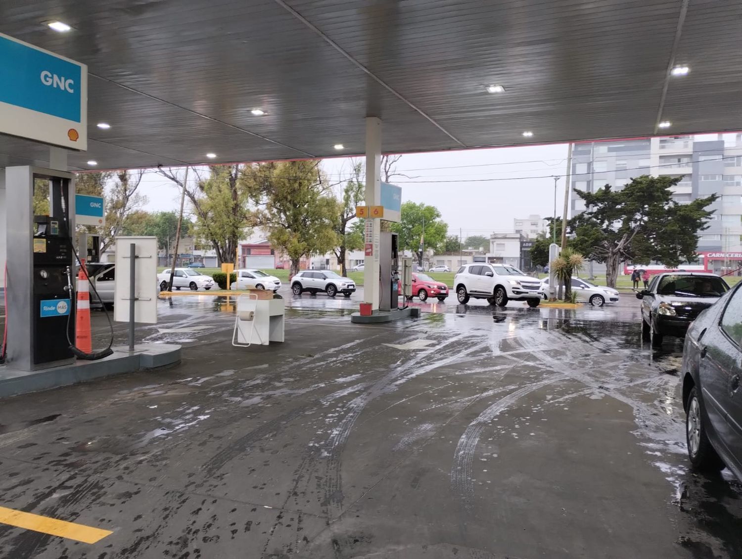 Este lunes, en una Shell de La Plata, se registran largas filas de vehículos.