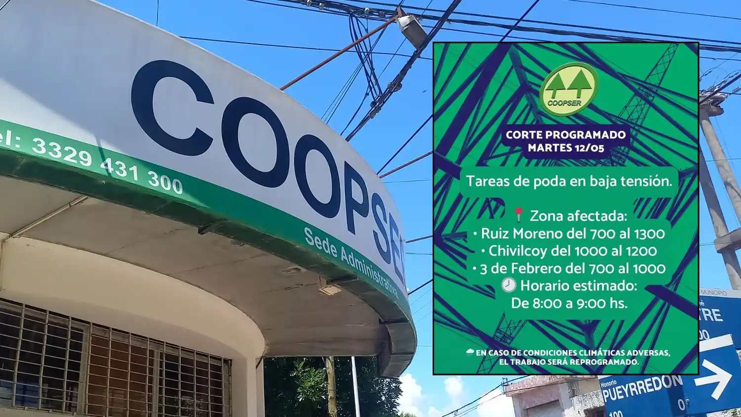 CoopSer: anuncian corte de energía por tareas de poda para este martes
