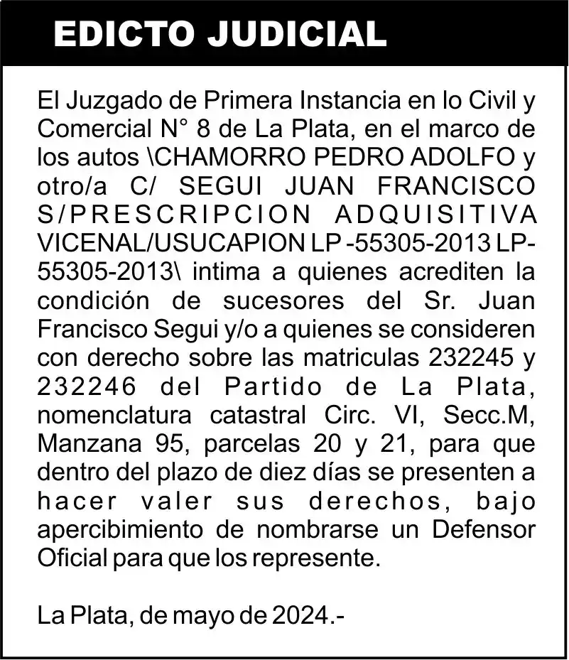 CHAMORRO PEDRO ADOLFO y otro/a C/ SEGUI JUAN FRANCISCO S/PRESCRIPCION ADQUISITIVA VICENAL/USUCAPION LP