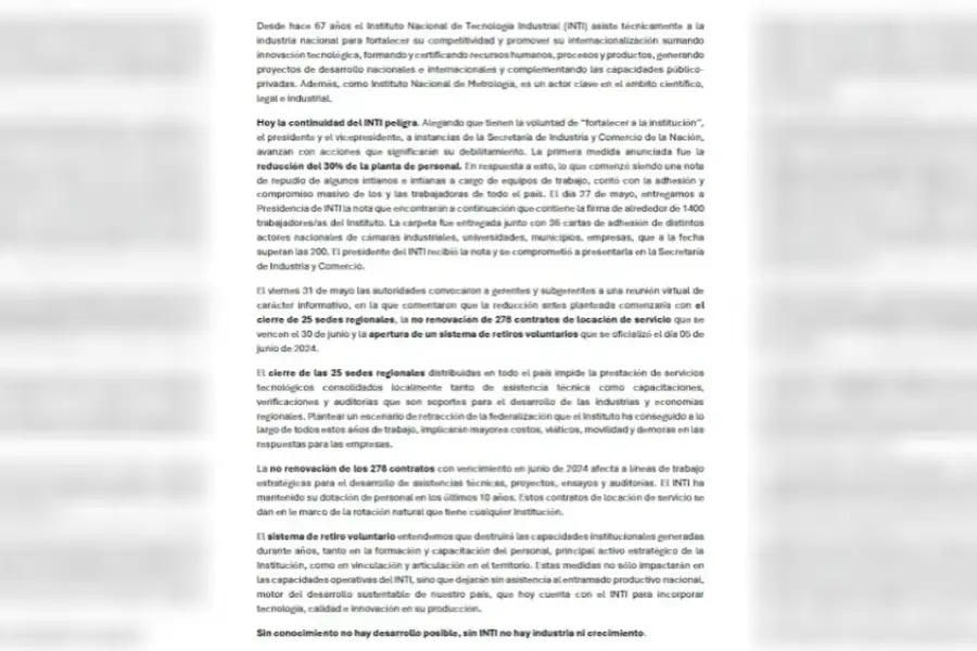 Carta del INTI presentada a autoridades