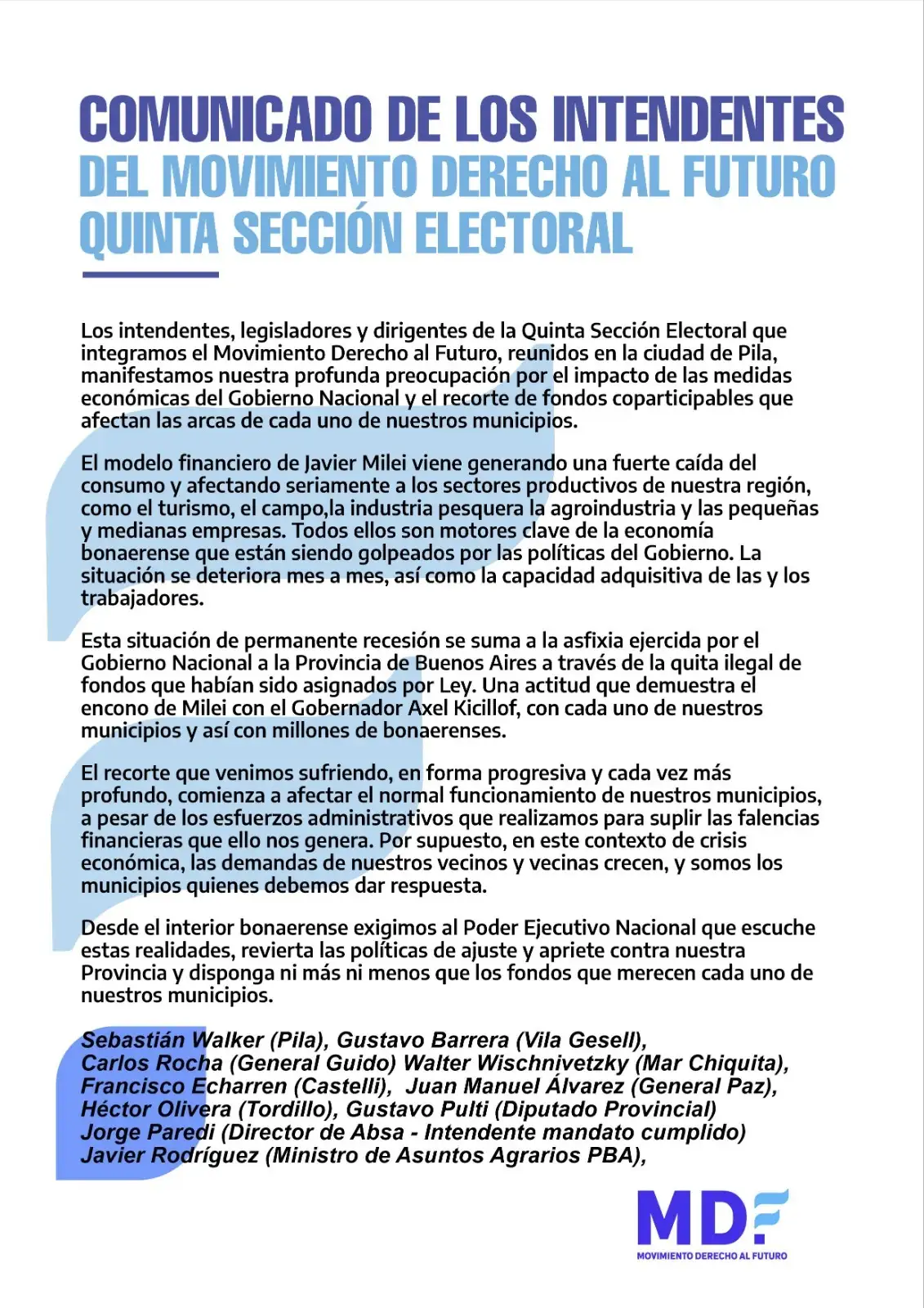 El comunicado de los dirigentes de la Quinta.