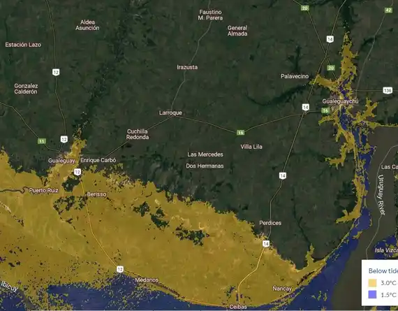 Gualeguay y Gualeguaychú bajo agua si el calentamiento global sube 3º c