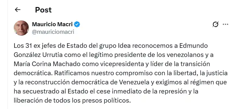 Mauricio Macri reconoció a Gomez Urrutia como Presidente de Venezuela