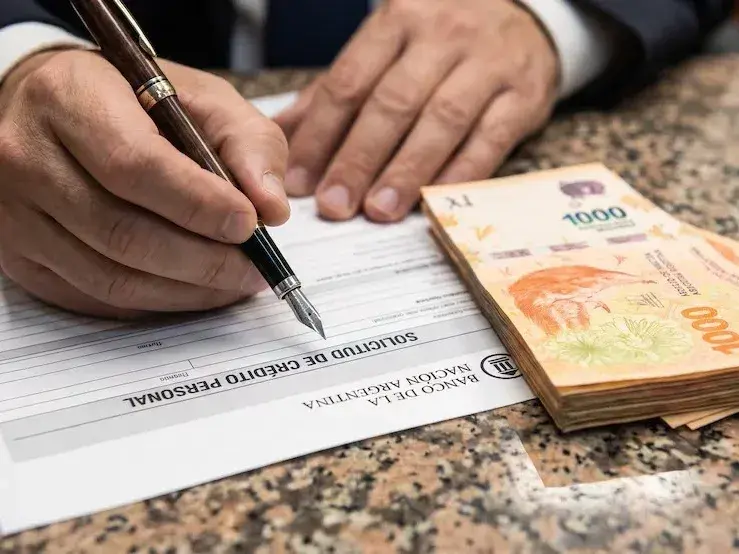 Una persona firma una solicitud de crédito en un banco.