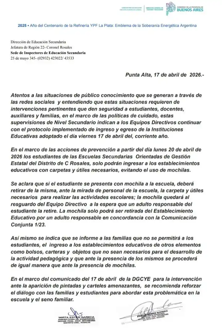 comunicado mochila rosales