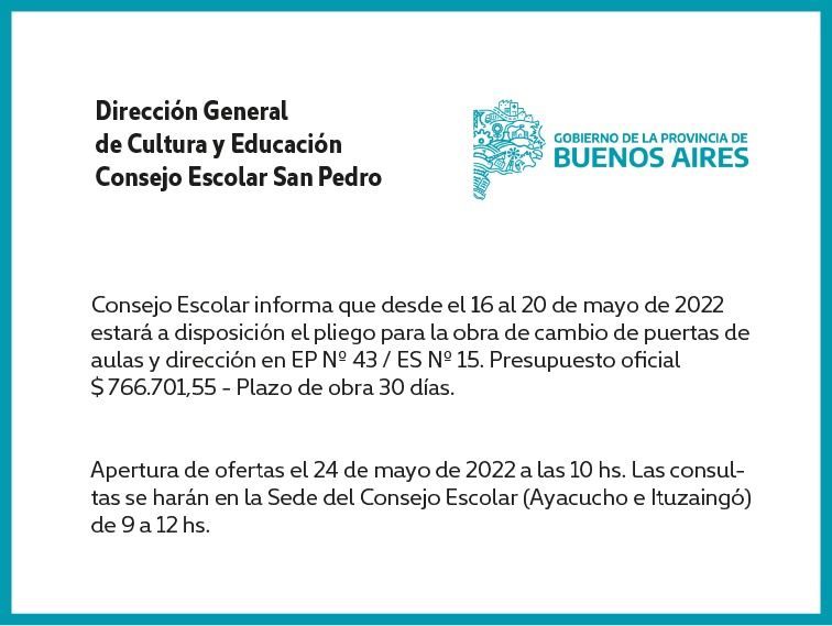 [Publicación Oficial] Consejo Escolar de San Pedro: obra de cambio de puertas de aulas y dirección