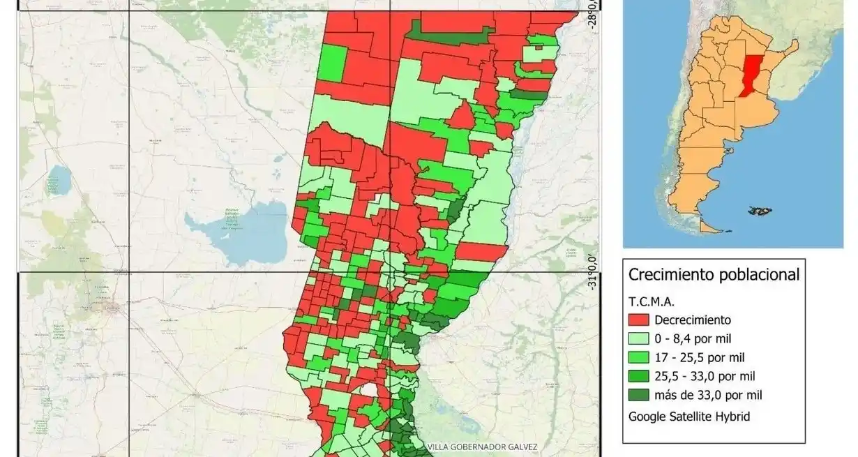 Mapa de la provincia de Santa Fe. Gobiernos locales. Tasa de crecimiento Media Anual cada 1.000 habitantes (2010-2022). Fuente: Elaboración propia en base a datos de los Censos Nacionales de Población, Hogares y Viviendas 2010 y 2022.
